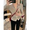 Spring and Autumn New Polo Collar Striped Knitted Cardigan Coat Women's Bottom Shirt Design Sense of Niche Long-sleeved Top