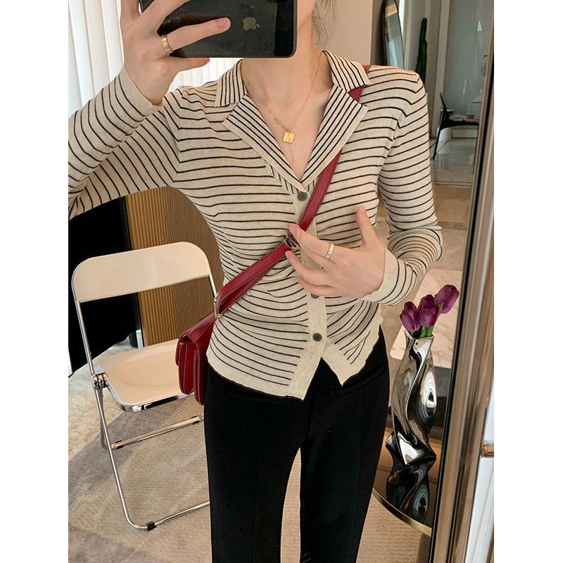 Spring and Autumn New Polo Collar Striped Knitted Cardigan Coat Women's Bottom Shirt Design Sense of Niche Long-sleeved Top