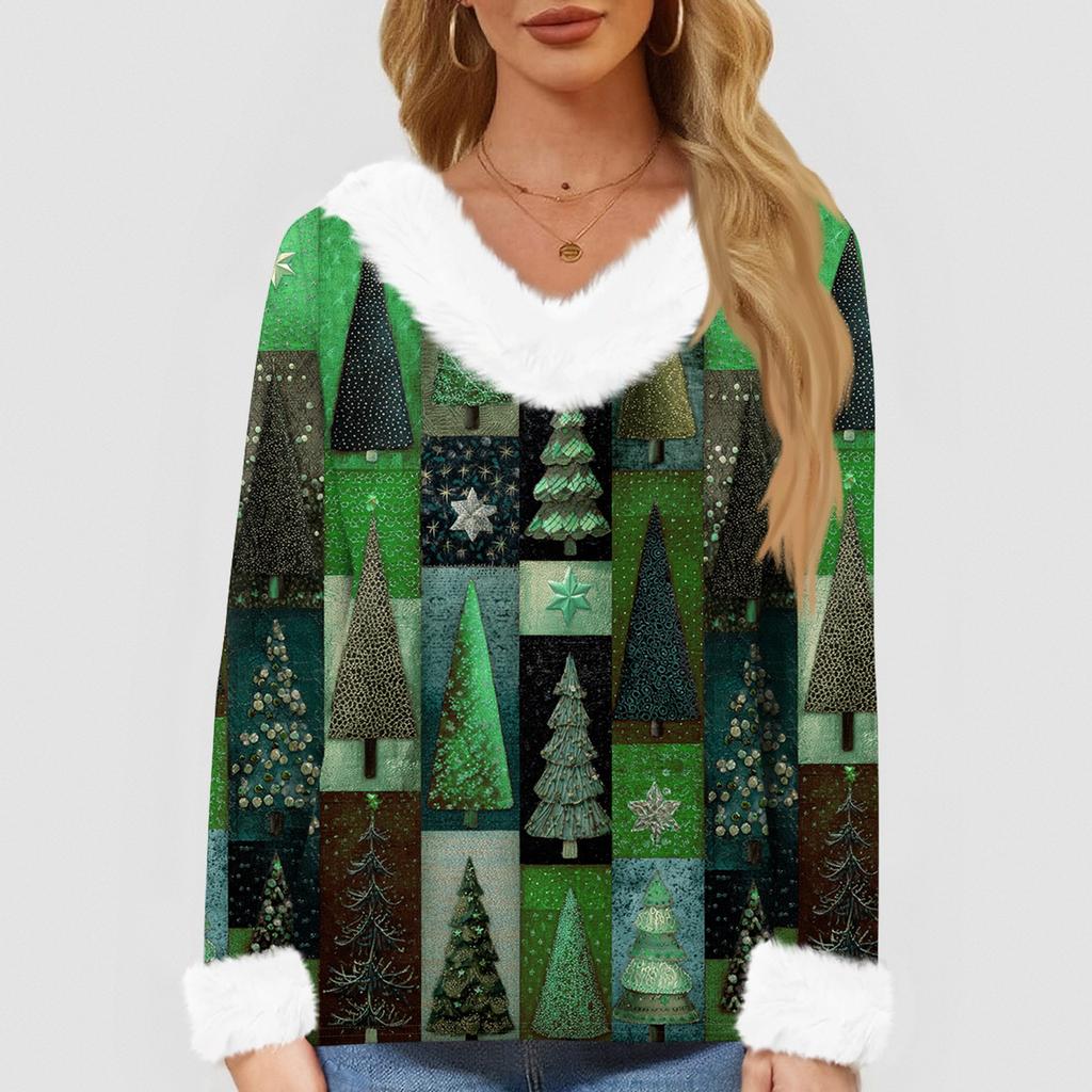 Camiseta de mujer, camiseta navideña, camiseta de manga larga, fiesta, estampado navideño, cuello polar, cuello en V