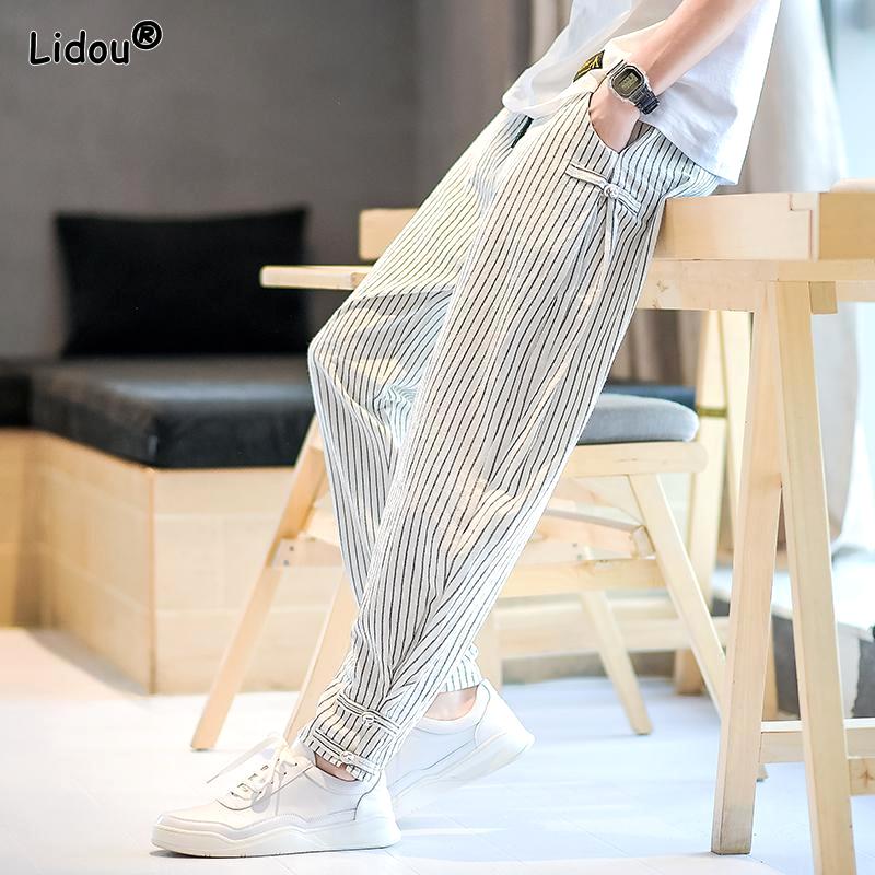 Comfortable New Loose Men's Clothing Pockets Printing Patchwork Striped Simplicity Fashion Casual Handsome Man High Waist Pants