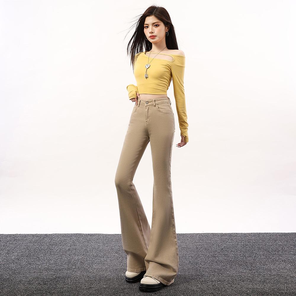 

Khaki High-Waisted Slim Bell Bottom Jeans for Women - Stretchy, Casual Long Pants for Spring & Autumn. XL