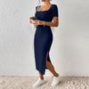 Women’s Square Neck Short Sleeve Ribbed Knit Fitted Midi Dress with Side Slit Bodycon Casual Style for Daily Wear