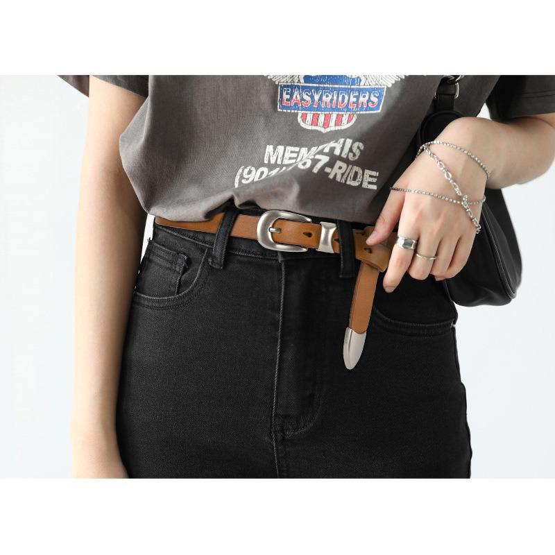 New Retro European and American Style Casual Top Grain Leather Thin Belt - Women's Leather Belt with Alloy Buckle