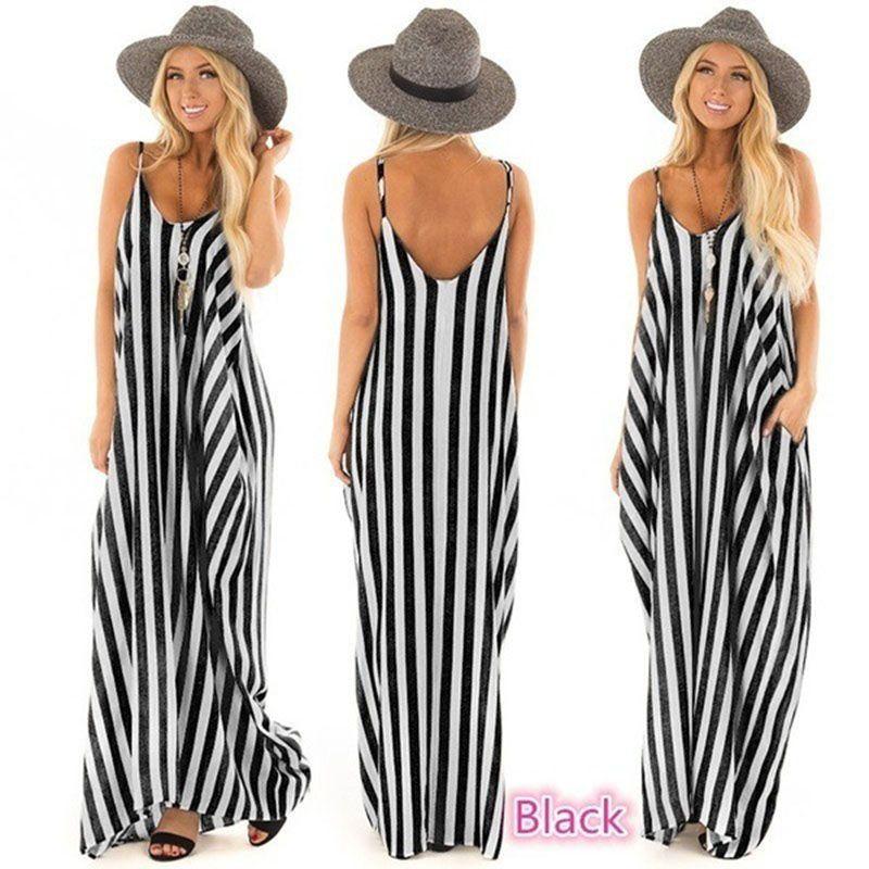 Comfortable And Oversized Women Summer Striped Long Maxi Dress For Casual Beach Days