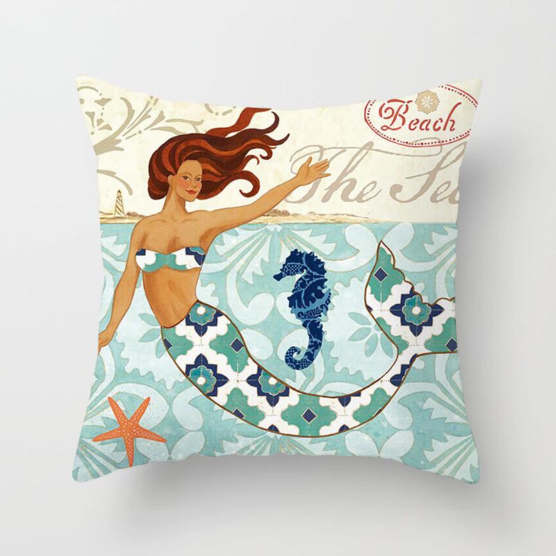 45x45cm Mediterranean Style Sea Animal Mermaid Digital Printed Peach Skin Pillowcase Home Sofa Cushion Cover
