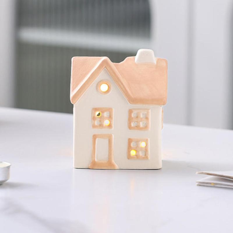 Painted Ceramic House Candle Holders Tabletop Christmas Or Everyday Home Decor Warm Glow Detailed Ornament(Without Candle)