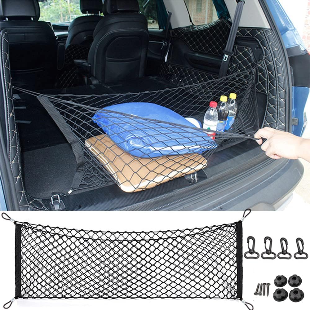 Car Rear Cargo Net, Universal Adjustable Elastic Trunk Cargo Storage Organizer Net Compatible For SUV, Jeep, Truck, Storage Nylon Mesh Double-Layer