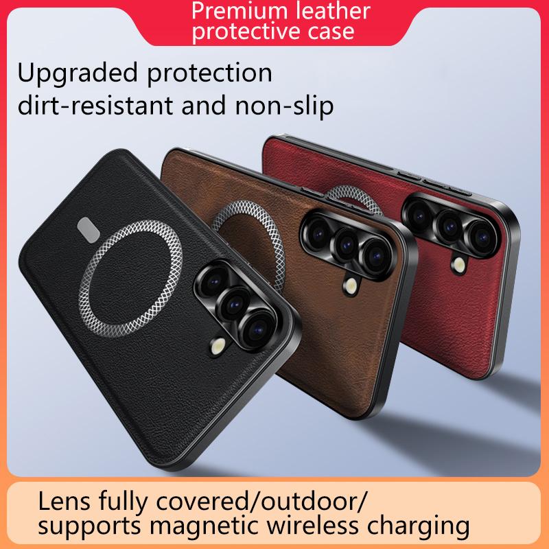 For Samsung Galaxy S25 Ultra Plus Case Magnetic Elegant Leather Wear-Resistant Lens Fully Covered Non-Slip Grip Edge Cover