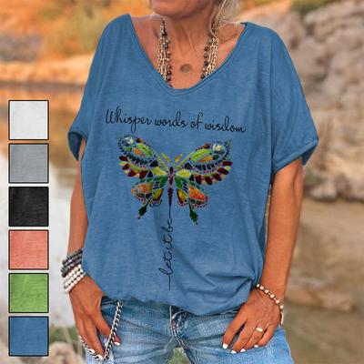 English Butterfly Print T-Shirt for Women Summer Hot Sale Loose V-Neck Pullover Short Sleeve Top
