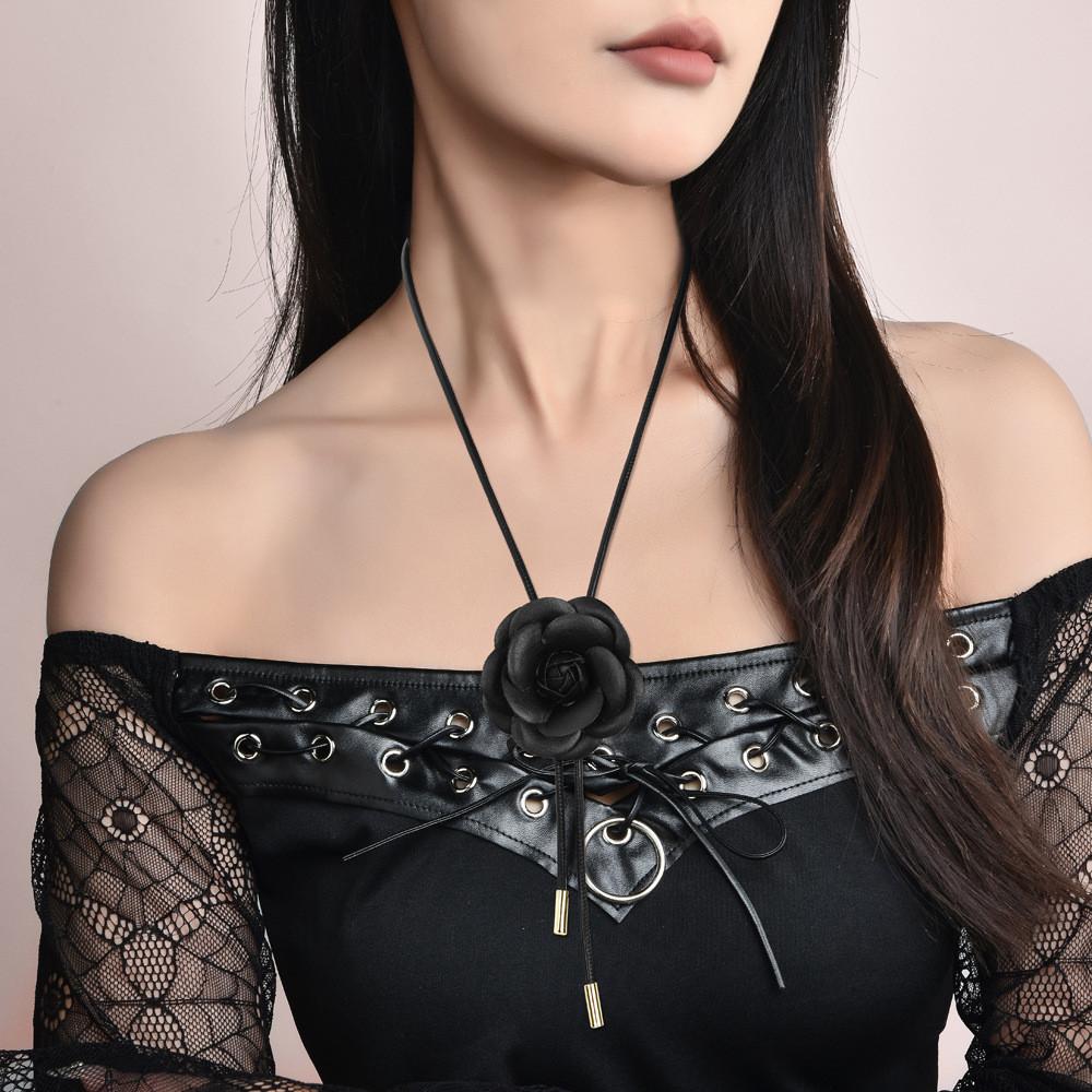 Stylish Handmade Black Floral Fabric Necklace Featuring Romantic Camellia Design