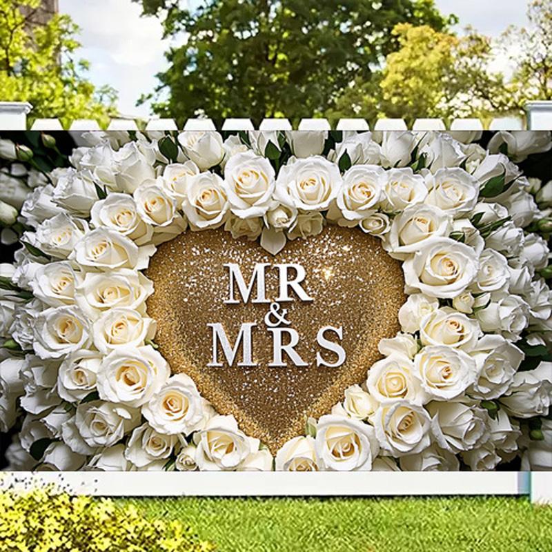 Mr & Mrs Rose Love Heart Backdrop,Photography Background,Wall Decor or Photo Party Supplies,Photo Booth Poster Birthday Anniversary Party