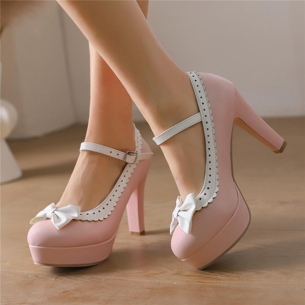 Fashion Spring Autumn Lolita Wedding Shoes For Woman Platform High Heels Mary Janes Shoes Sweet Heels Buckle Strap Dress Shoe Size34-48