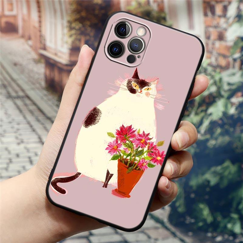 Apple Hülle für iPhone 11 12 13 mini Pro Max XS X XR 7 8 6 plus SE 2020 Weiche Silikonhüllen Cover Niedliche Cartoon Katze Blume Tier