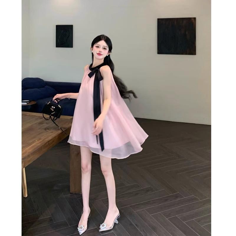 Sweet Temperament Pink Age-reducing Girl Neck Dress Women's Summer Atmosphere Skirt Chic Sleeveless Mesh Skirt