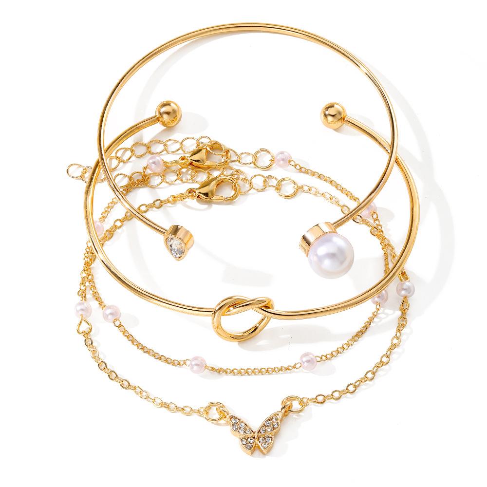 4Pcs/Set Trendy Individuality Open Mouth Bracelet Set for Women Zircon Gold Color Butterfly Pearl Open Cuff Bangle Girls Jewelry