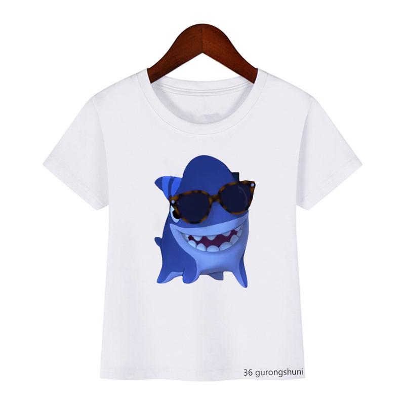 Cute Boys Girls Kawaii Sharking with Sharkdog Cartoon Print Children'S Tshirt Summer Baby Clothes White Short Sleeve Tops