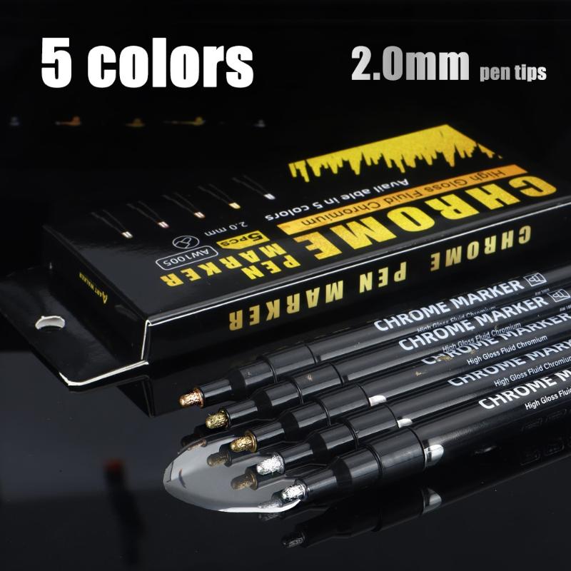 5 Pcs Chrome Mirror Marker Pen 2Mm Diy Reflective Paint Pens Permanent Gold Silver Copper Marker Model Painting Marking