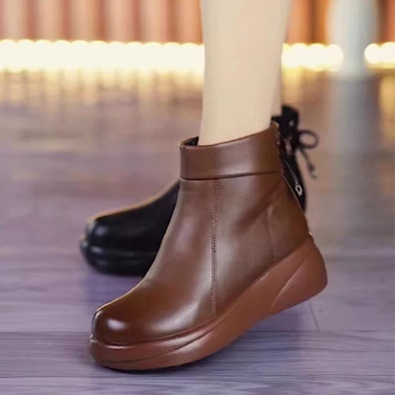 Soft leather autumn and winter new thickened thermal cotton boots women's rear lace-up velvet shoes comfortable round head versatile women's shoes
