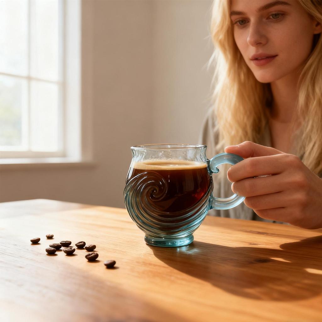Glass Drinking Cups Wave Ergonomic Grip Reusable Sea Glass Coffee Mug Drinking Cups For Tea Milk Water Beverage Wine Hot Cold