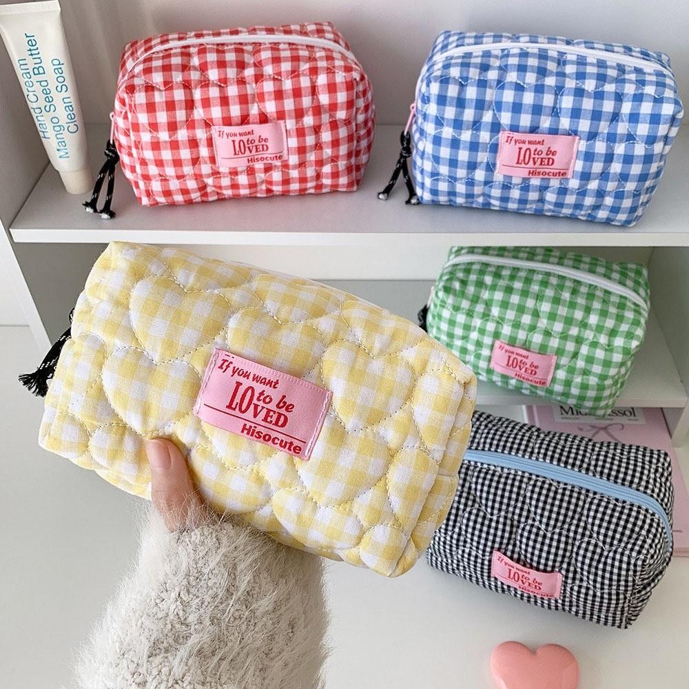Cloth Korean Plaid Stationery Bag Pen Bag Pencil Pouch Plaid Heart Pencil Case Kids Children
