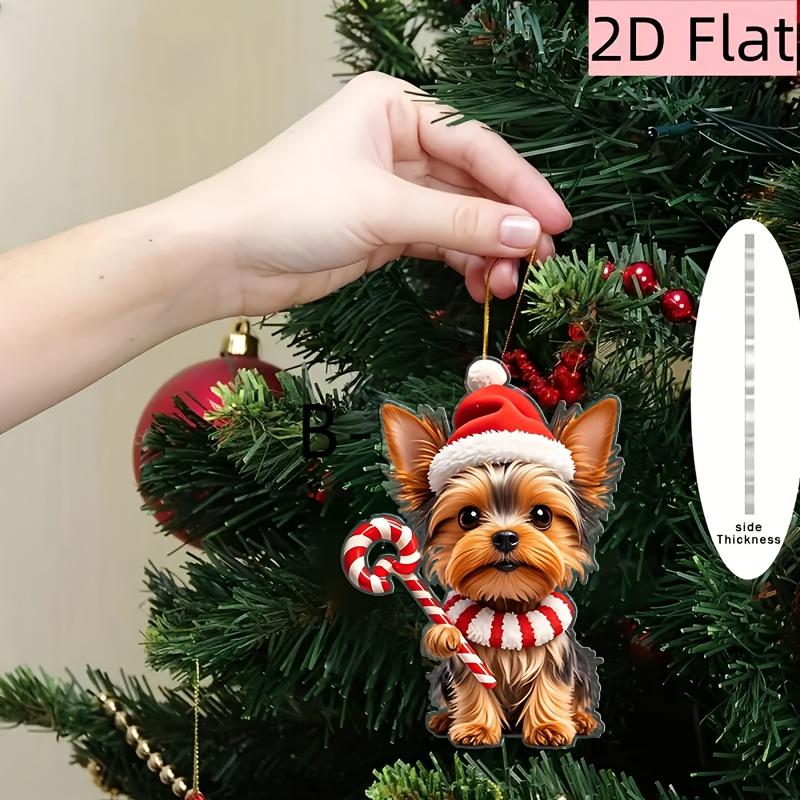 

2D Flat, 1pc Yorkshire Terrier Christmas Ornament - Flat Hanging Decoration with Santa Hat & Candy Cane, Brown Puppy, Acrylic Holiday Decor for Tree, 1pc