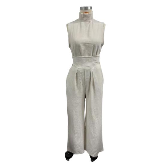 Women's Faux Linen Summer 2 Piece Outfit Sleeveless Stand Collar Top And Wide Leg Pants Matching Lounge Set with Pockets