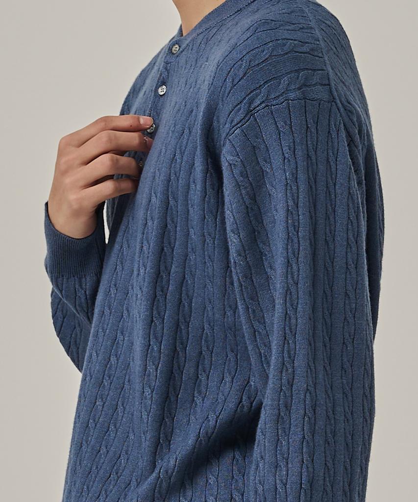 ANALOG MOOD Washable Cable Henley Neck Knit T-Shirt (Blue)