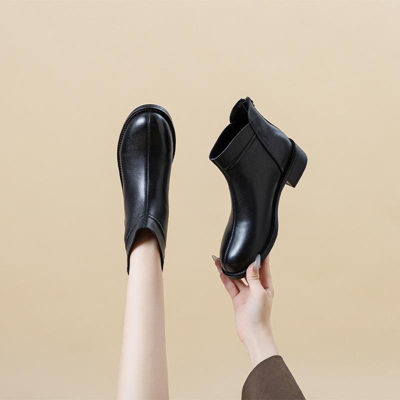 Leather Black Short Boots Women's Coarse Heel Soft Sole Autumn and Winter Fashion Single Boots Casual Martin Boots Versatile Medium Heel Skinny Boots
