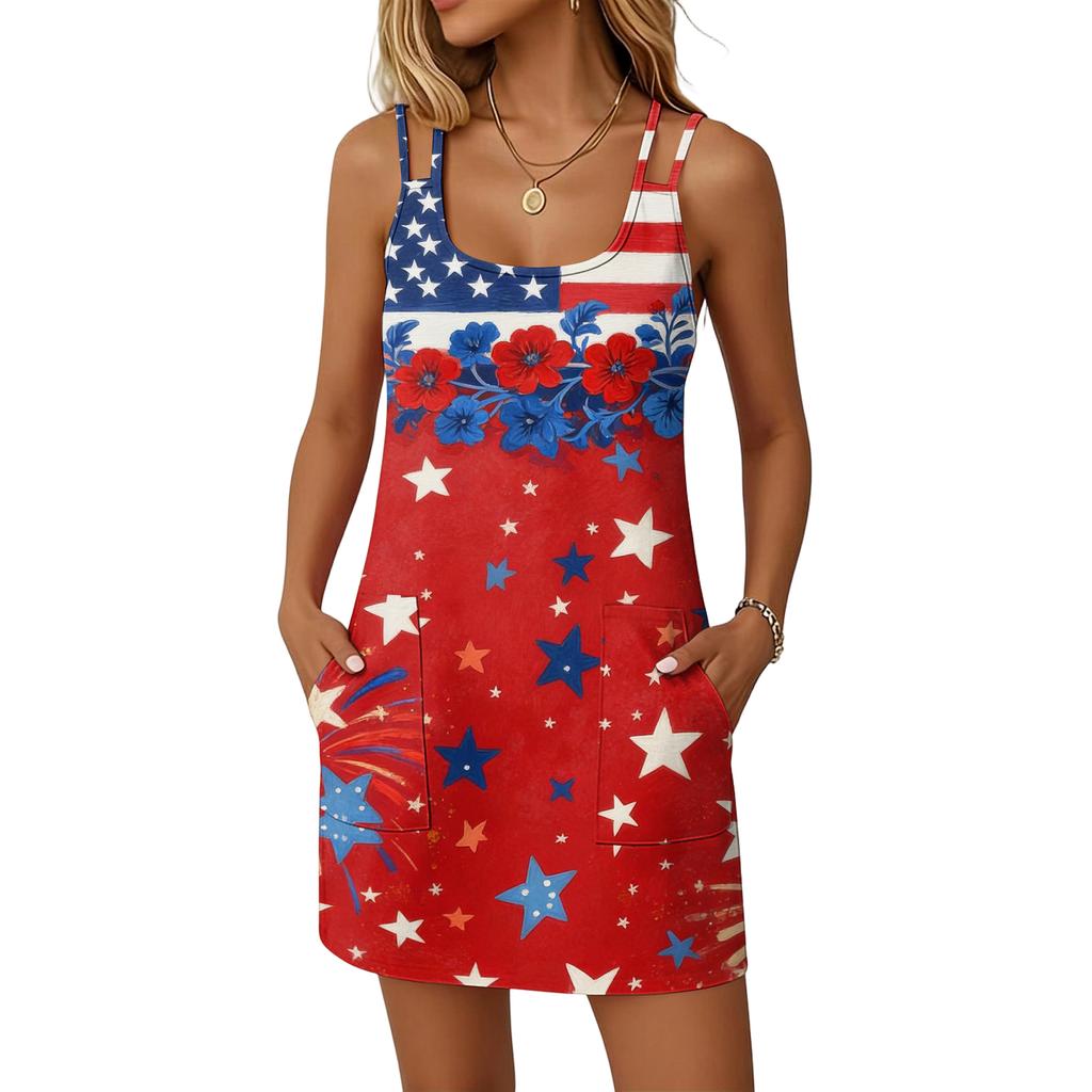 Women's Casual Sleeveless Dress Double Strap Pocket Dress Independence Day Print Sleeveless Summer Dress