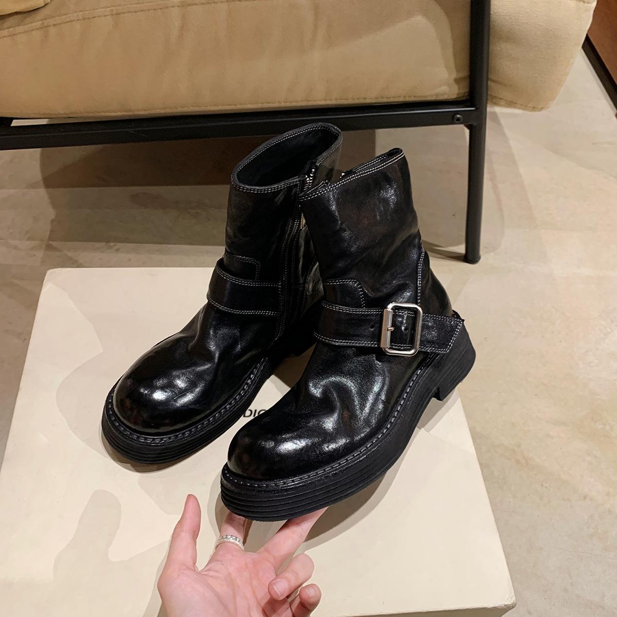 

Grape mother same retro round head thick heel locomotive boots temperament versatile belt buckle side zipper medium boots women s autumn and winter 35