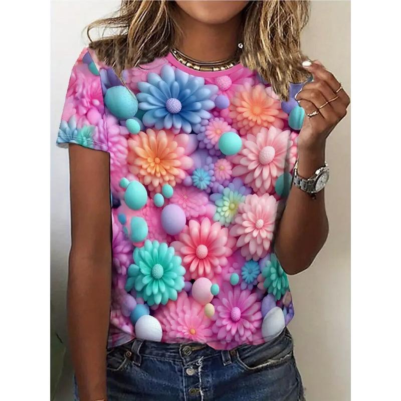 Sommar Dam T-shirt Casual Kortärmad Blommigt Tryck T-shirt Mode Street Lös O-ringad Pullover Kläder Kvinna Överdimensionerad