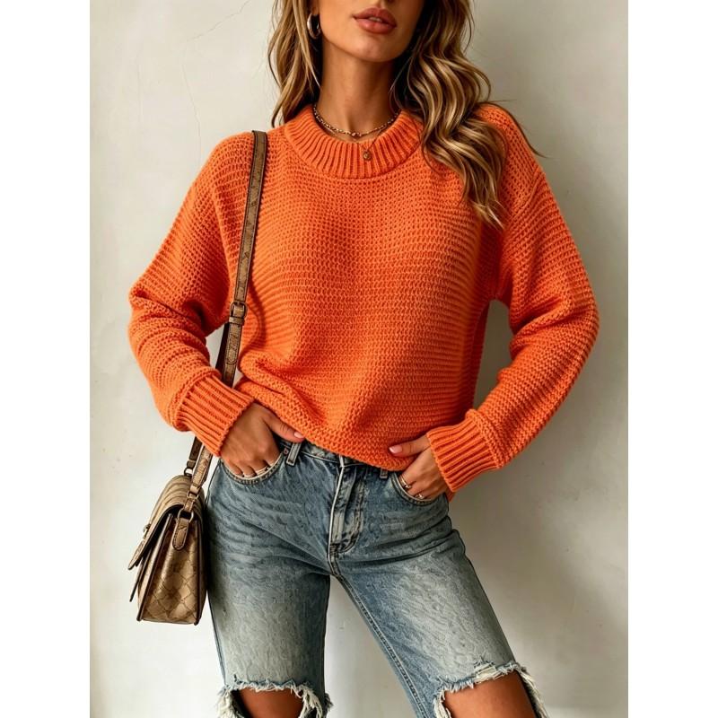 Womens Loose Knit Sweater Pullover Round Neck Solid Color Long Sleeve Casual Top Winter