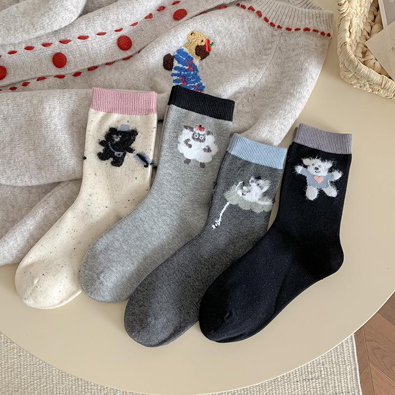 Female Autumn New Cute Cartoon Flocked Animal Matching Color Boneless Pile Socks