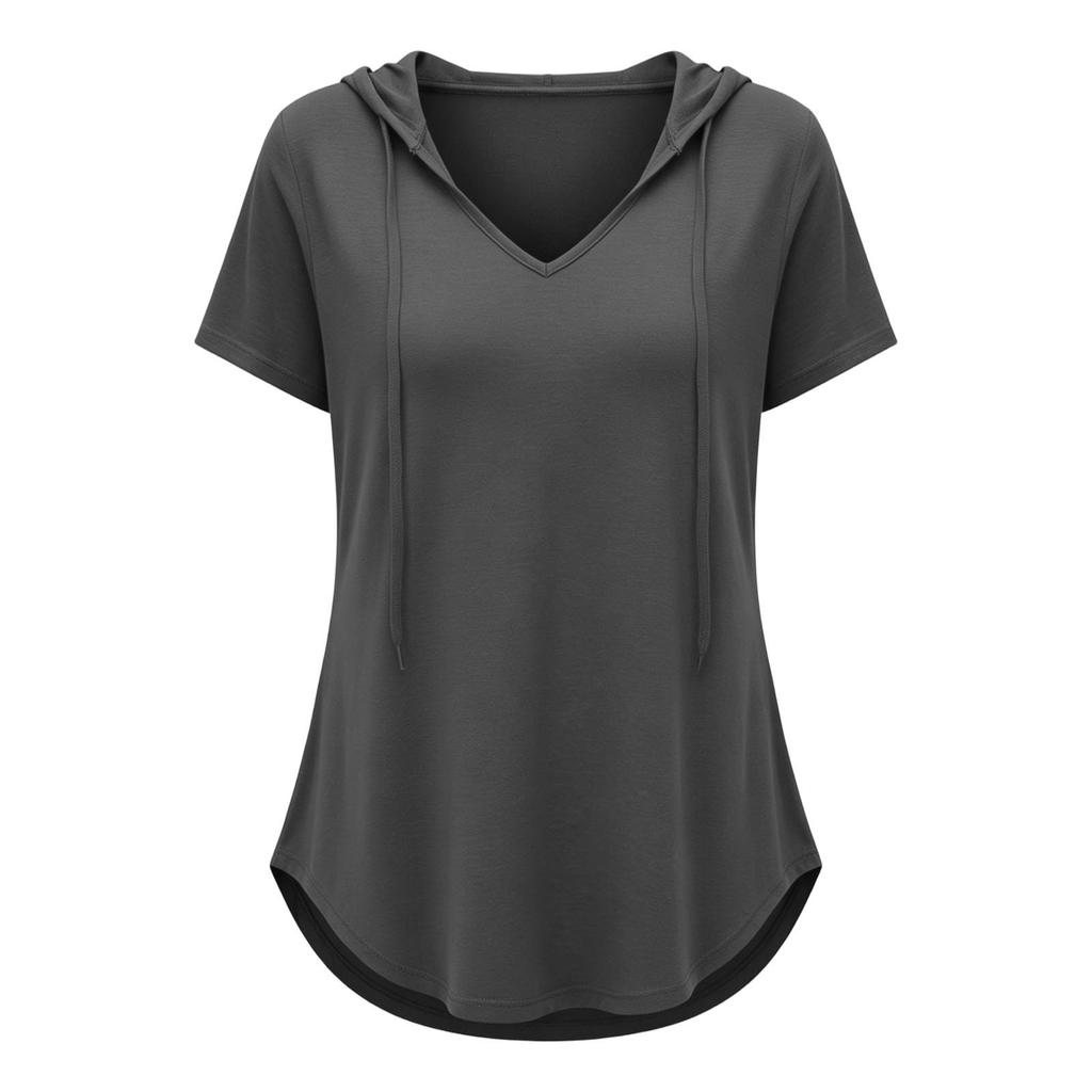 Women’s Short Sleeve Hooded Pullover V Neck Loose Fit Casual Drawstring Shirt Lightweight Comfortable Top for Everyday Wear