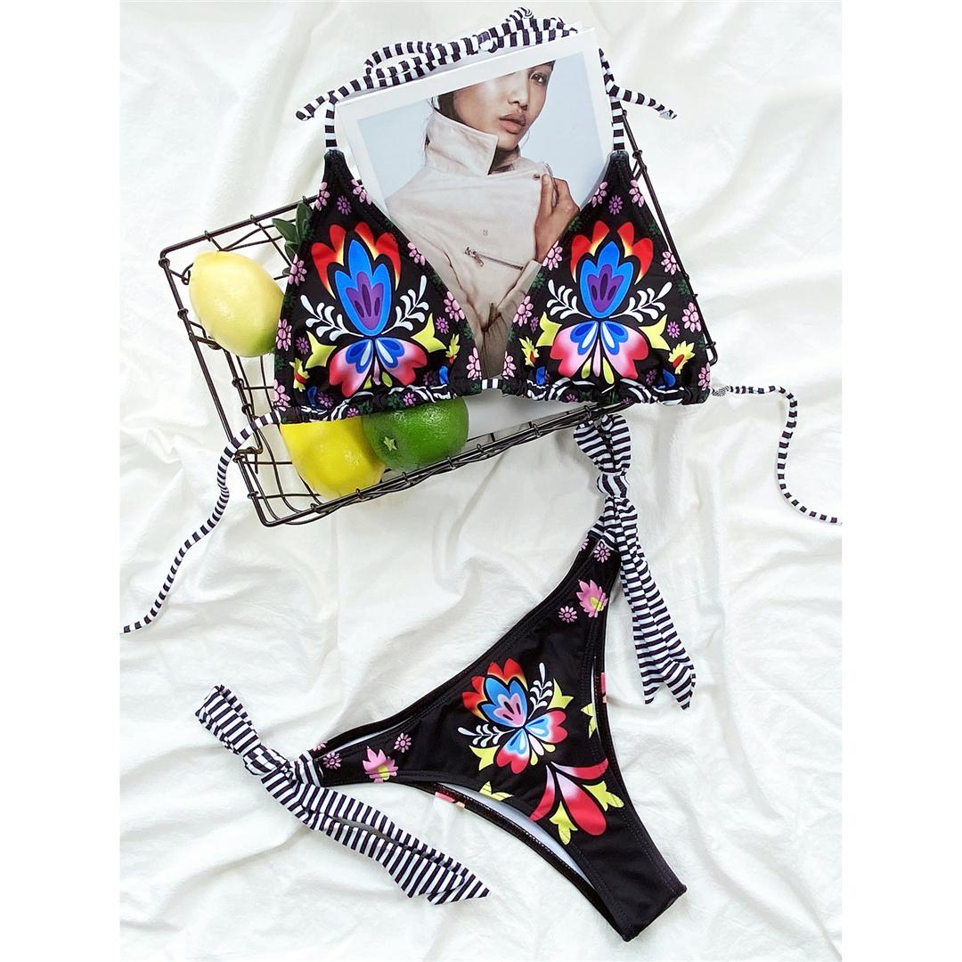

Бикини с лямкой на шее и цветочным принтом, женские купальники, женский купальник, комплект бикини из двух частей, бразильский купальный костюм, купальный костюм для женщин M