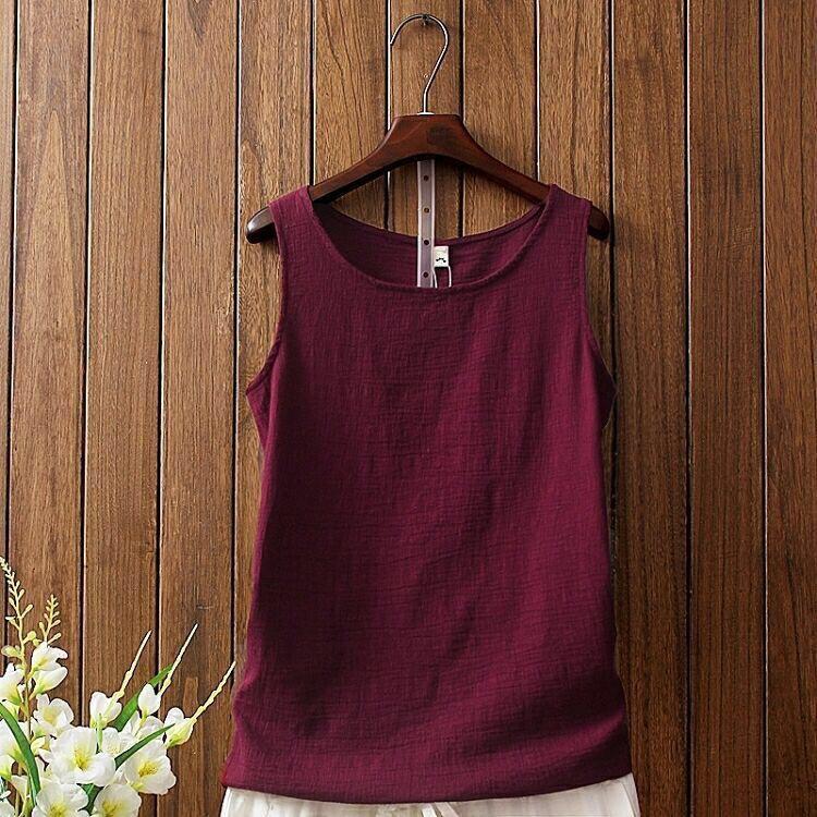 Spring/Summer Women's  Cotton and Hemp Vest T-shirt Loose Bottom Versatile Outer Sleeveless Solid Color Top