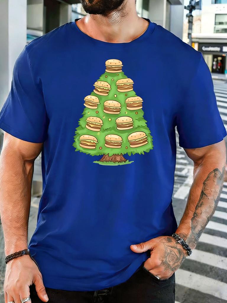 Unisex Short Sleeve T Shirt Burger Christmas Tree Graphic Tee Food Print Tops Summer Soft Cotton Casual Street Wear For Adult Male