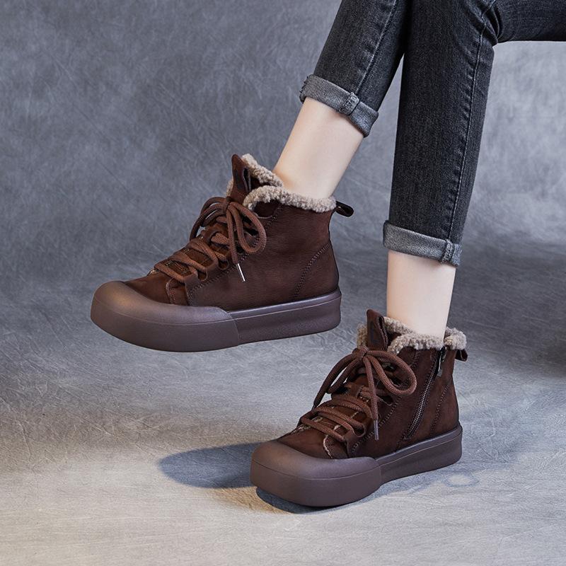 Fashion GKTINOO 2024 Winter Warm Fur Shoes Women Genuine Cow Leather Snow Boots Chunky Platform Flat Heel Casual Ankle Boots Retro Style