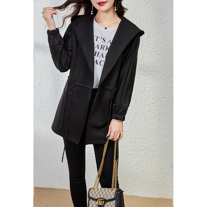 

Черный плащ с капюшоном высокого качества, женский новый весенний средней длины, тонкое пальто женская одежда L чёрный