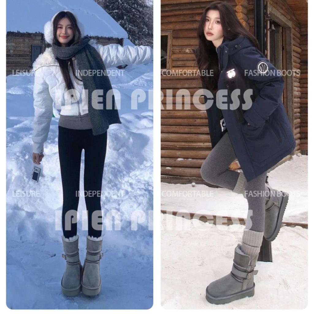 Ruodan!~ Wool Snow Boots for Women's Autumn and Winter New Thick Heel Thick Sole Belt Buckle Medium Tube Velvet To Keep Warm