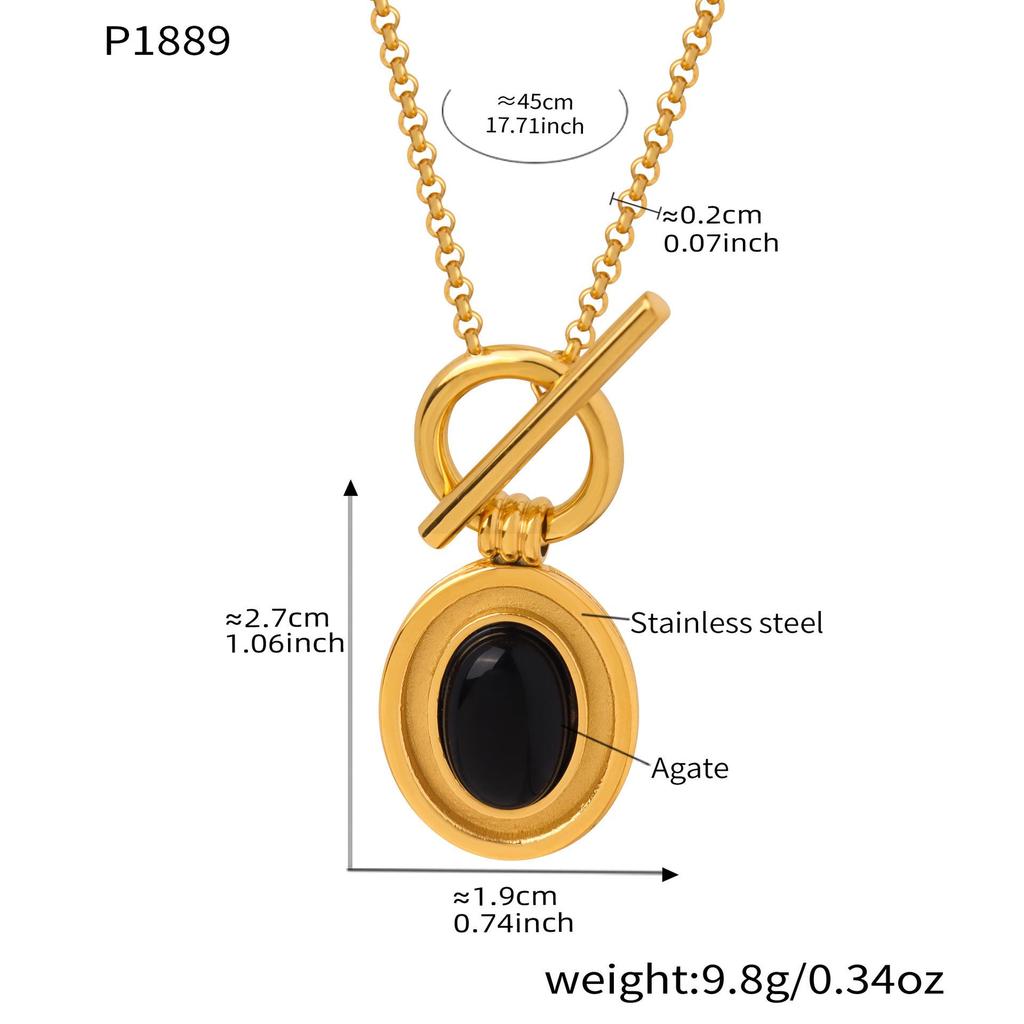 18K Gold Plated Stainless Steel Agate Pendant Necklace & Ring Set with OT Clasp, Elegant & Colorfast Design.