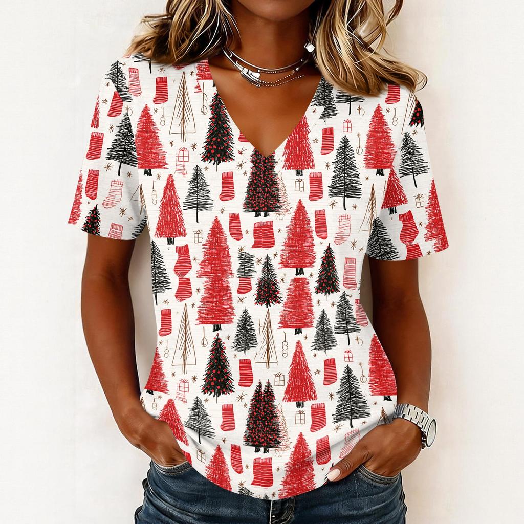 Women's Casual Short Sleeve V-Neck Christmas Print Pullover Top