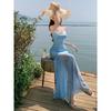 French Seaside Vacation Atmosphere Blue Floral Suspender Waist Dress Women's Summer Sexy Pure Desire Fishtail Dress