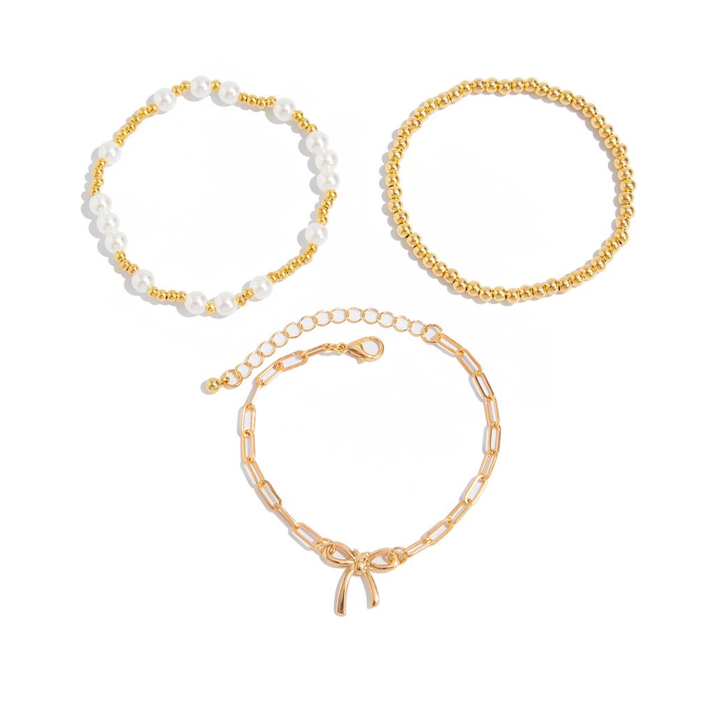 Sweet And Cool Style Ribbon Bow Bracelet, Temperament Love Imitation Pearl Star Stacked Wearing Jewelry Women