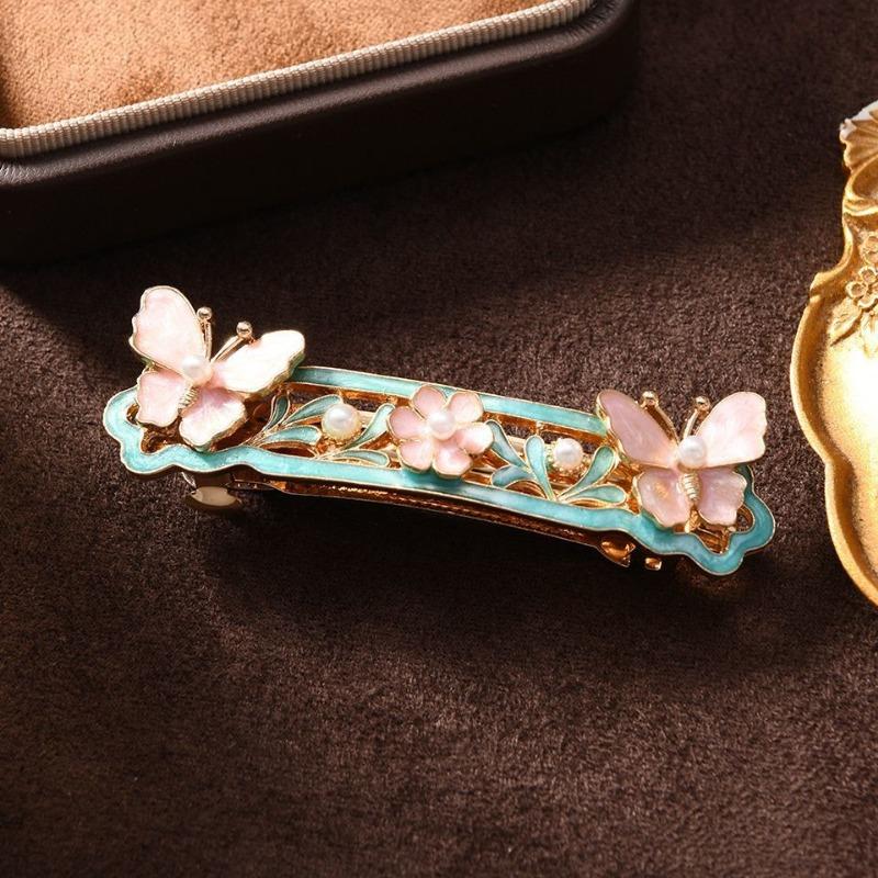 1Pc Small Chinese Style Glazed Butterfly Flower Hollow Hairpin Edge Clip Antique Butterfly Love Flower Spring Clip Female