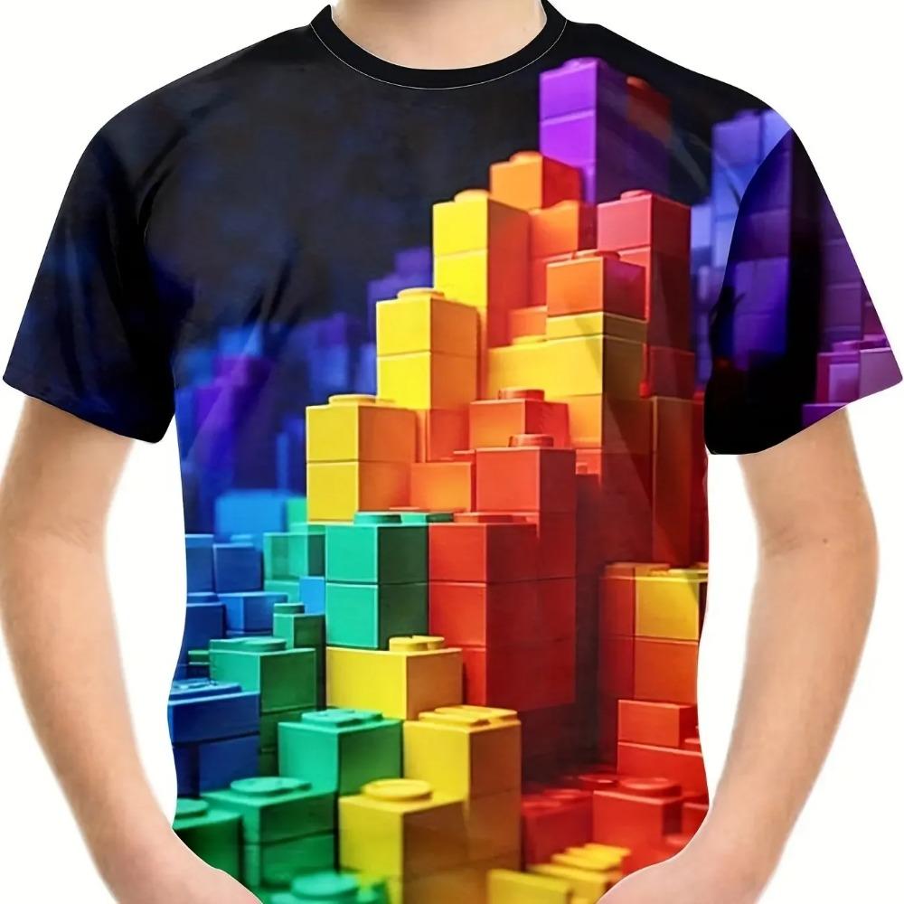 Children's Block Pattern 3D Digital Printed Boys' Fashion and Comfortable Round Neck Short Sleeved T-shirt