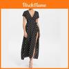 Vestito Donna Manica Corta Scollo a V Svasato con Elegante Stampa Pois e Dettaglio Spacco