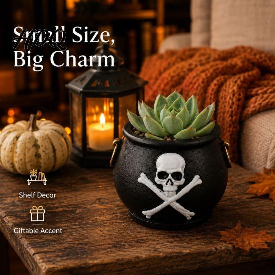 Vintage Metallhenkel Topf Hexenkessel Pflanzgefäß, Halloween Totenkopf Blumentopf, Gotischer Harz Mini Topfpflanzen Halter Schwarze Süßigkeitenschale für Kräuter,