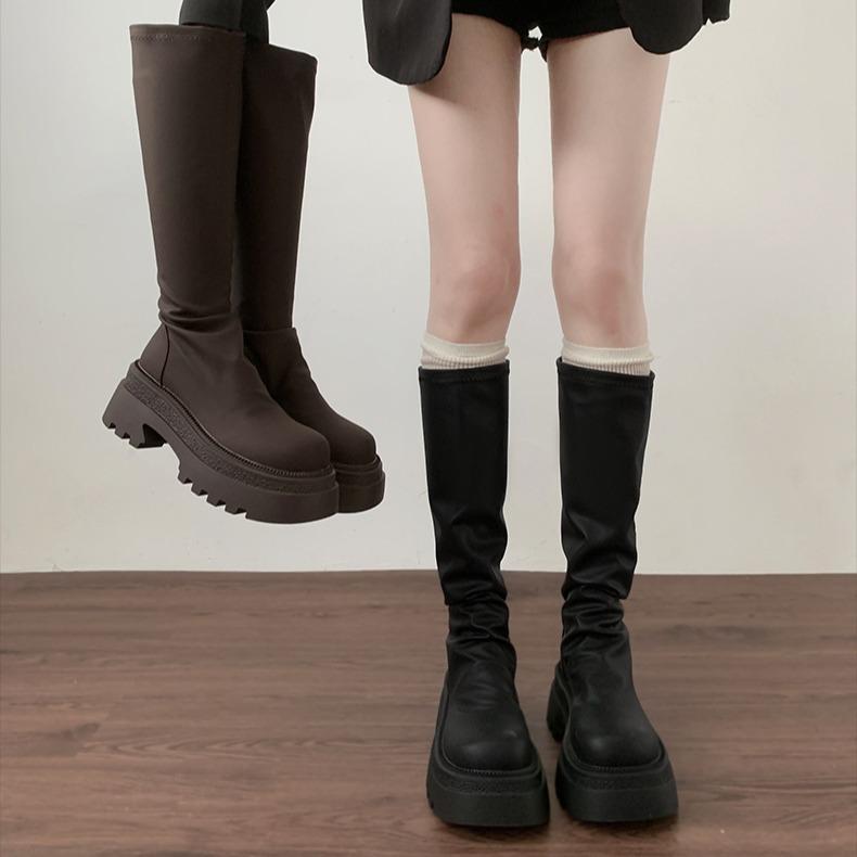 Black French Small Thick-soled Boots Women's Boots  New Autumn Retro Tall Knight Boots Women Shoes