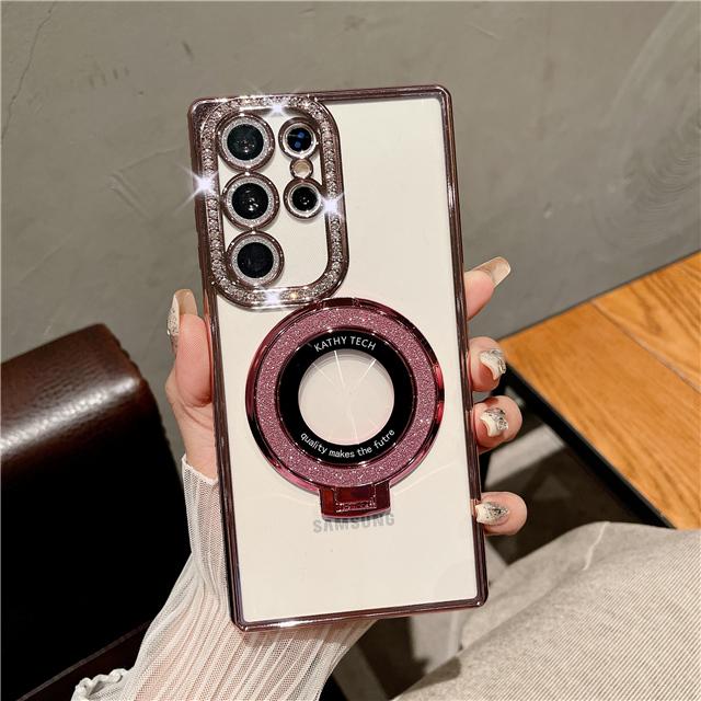 For Samsung Galaxy S25Ultra Luxury Flash Diamond Plating Frame Glitter Stand Holder Phone Case For Samsung S22 S23 S24Plus Cover